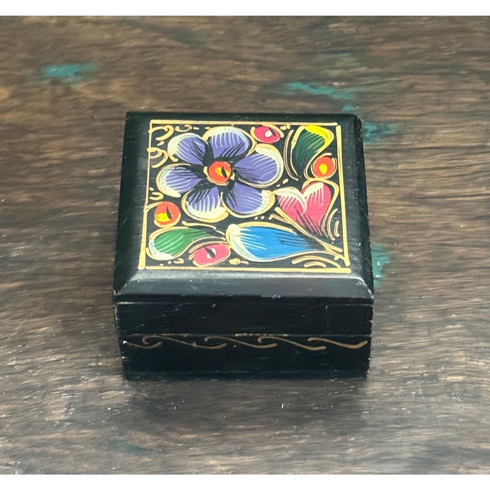 Vintage Hand Painted Mexican Trinket Box Square Floral Colorful Mexico